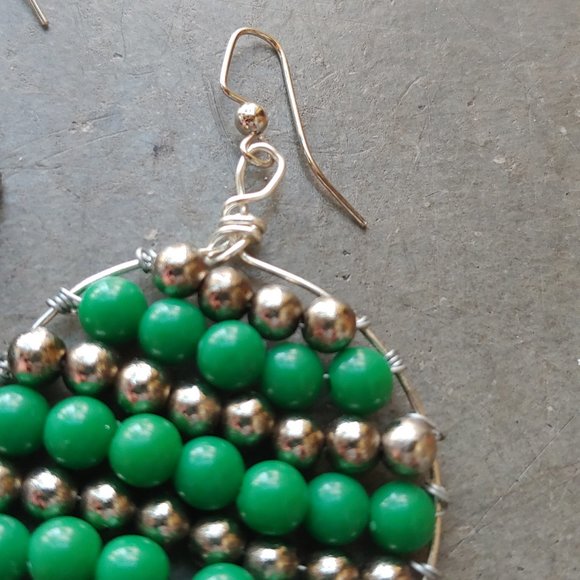 Handmade Round Circle Green Silver Beaded Woven Dangle Earrings - Picture 3 of 5